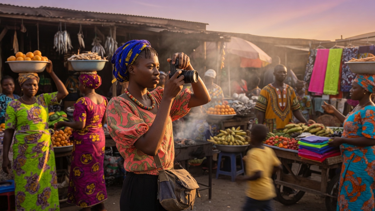 A photographer capturing street life in a colorful market
